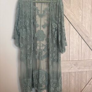 She + Sky Floral Lace kimono in Soft Green
